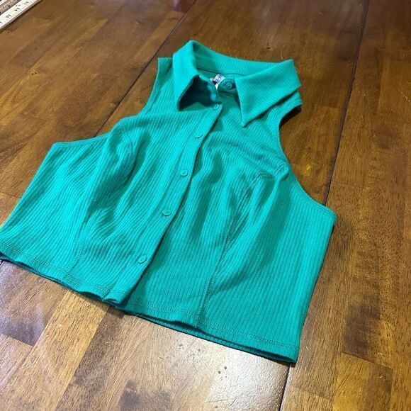 Urban Outfitters Womens Collared Racer Back button up Tank Top Kelly Green Sz S - Picture 2 of 6